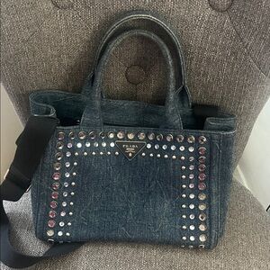 Prada Denim Rhinestone Bijoux Canapa, EUC